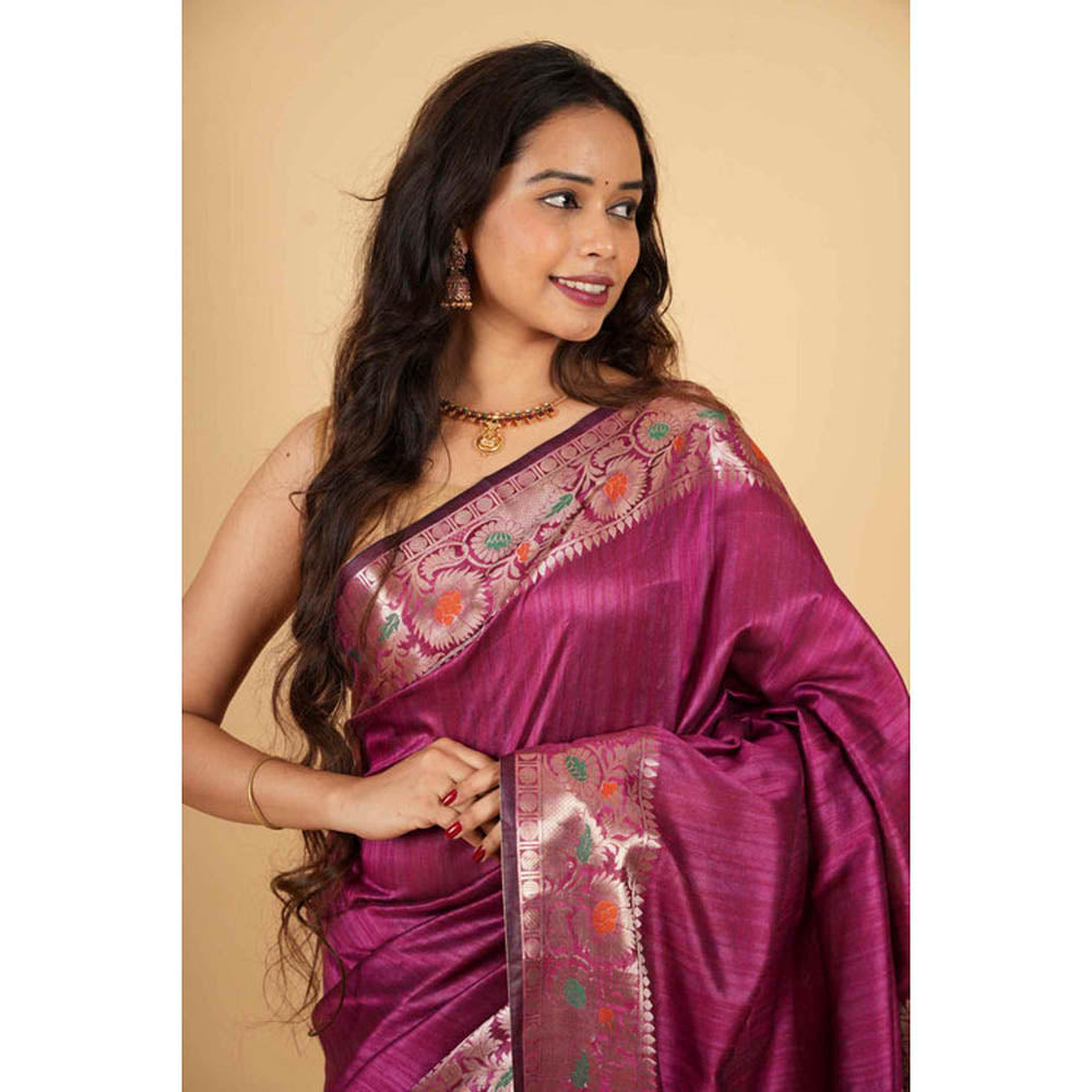 Isadora Life Womens Woven Tassels Purple Pre-Draped Saree With Unstitched Blouse