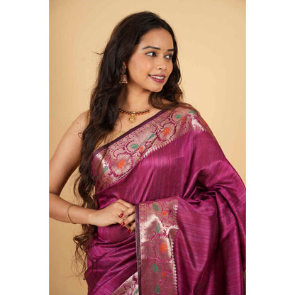 Isadora Life Womens Woven Tassels Purple Pre-Draped Saree With Unstitched Blouse