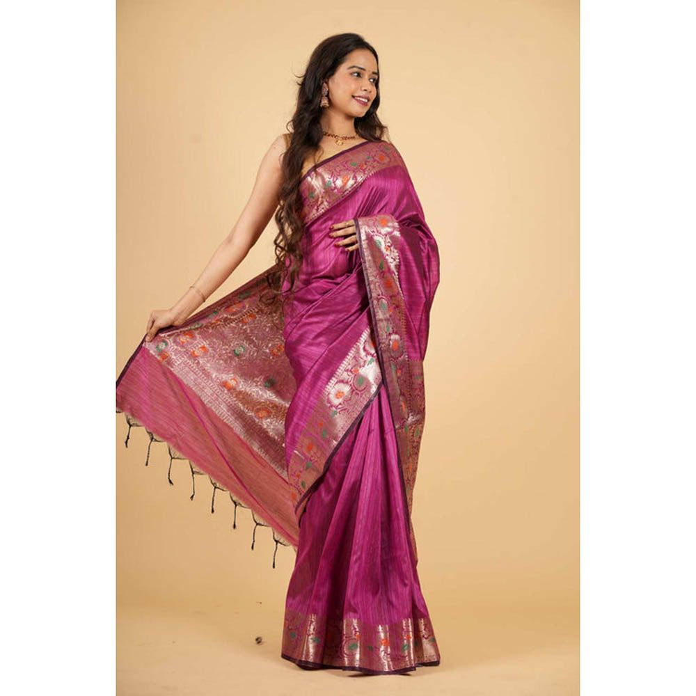 Isadora Life Womens Woven Tassels Purple Pre-Draped Saree With Unstitched Blouse