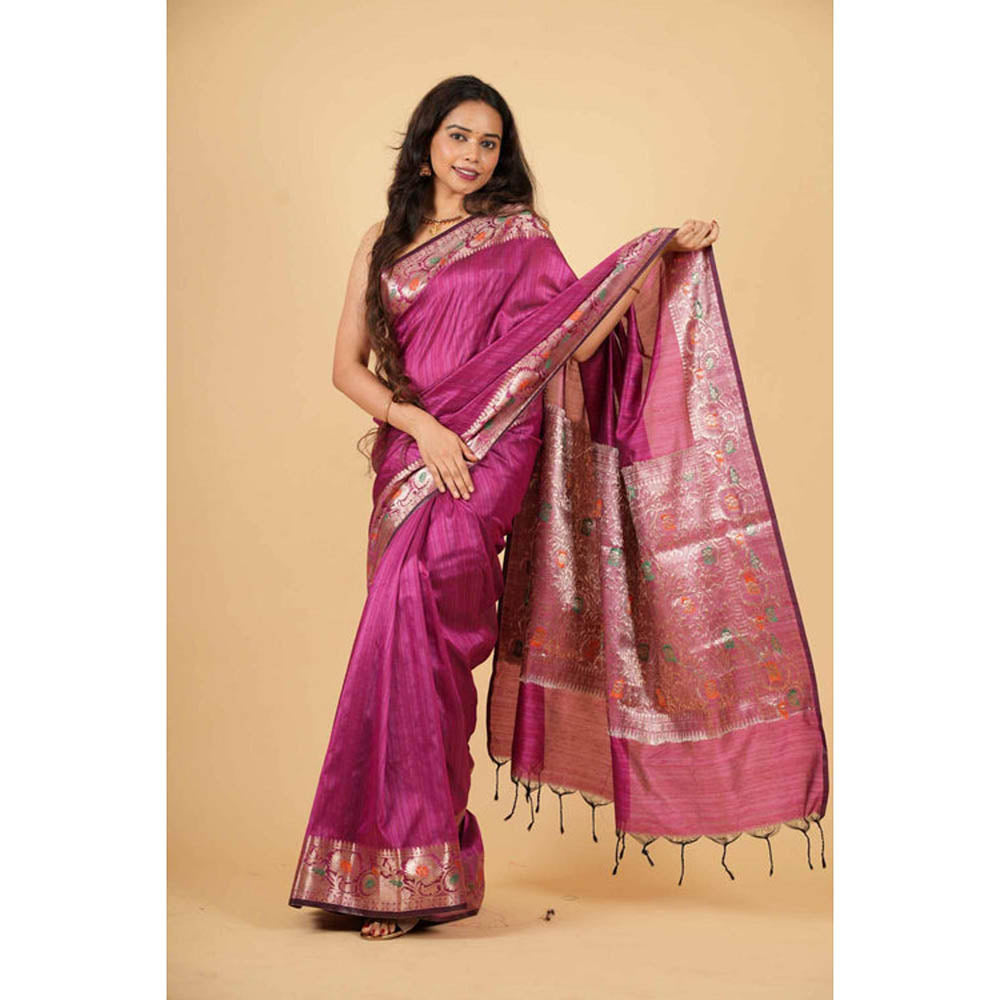 Isadora Life Womens Woven Tassels Purple Pre-Draped Saree With Unstitched Blouse