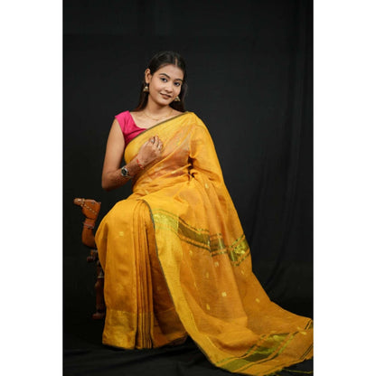 Isadora Life Womens Woven Zari Yellow Pre-Draped Saree With Unstitched Blouse