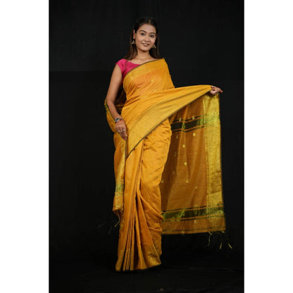 Isadora Life Womens Woven Zari Yellow Pre-Draped Saree With Unstitched Blouse
