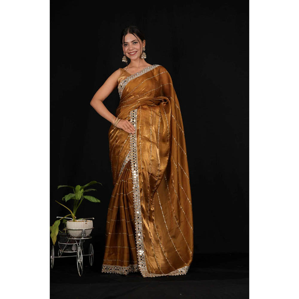 Isadora Life Womens Sequined Mirror Work Brown Pre-Draped Saree With Unstitched Blouse
