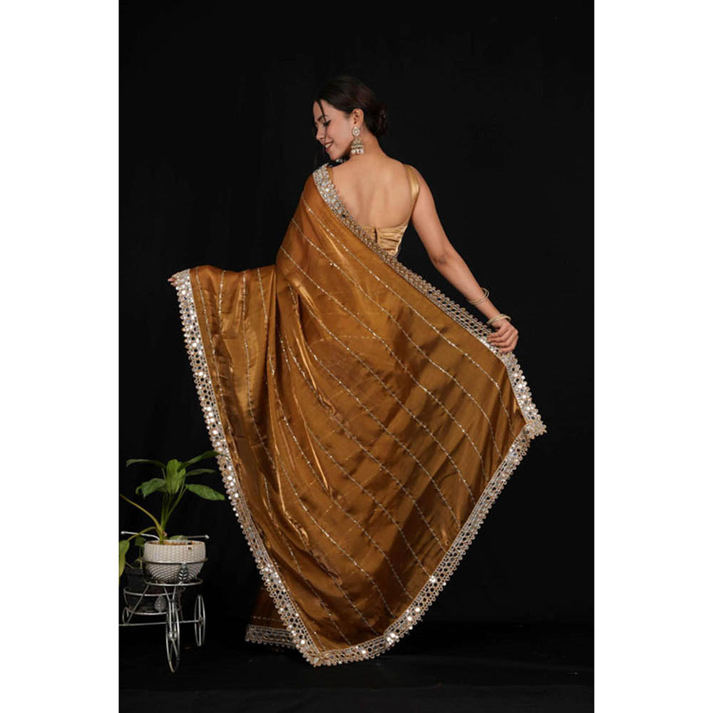 Isadora Life Womens Sequined Mirror Work Brown Pre-Draped Saree With Unstitched Blouse