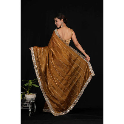 Isadora Life Womens Sequined Mirror Work Brown Pre-Draped Saree With Unstitched Blouse