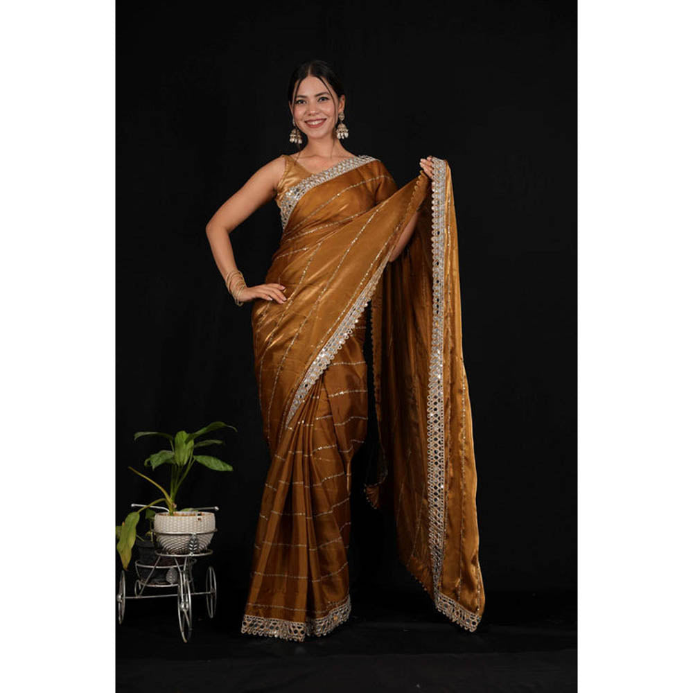 Isadora Life Womens Sequined Mirror Work Brown Pre-Draped Saree With Unstitched Blouse