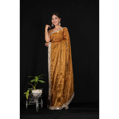 Isadora Life Womens Sequined Mirror Work Brown Pre-Draped Saree With Unstitched Blouse