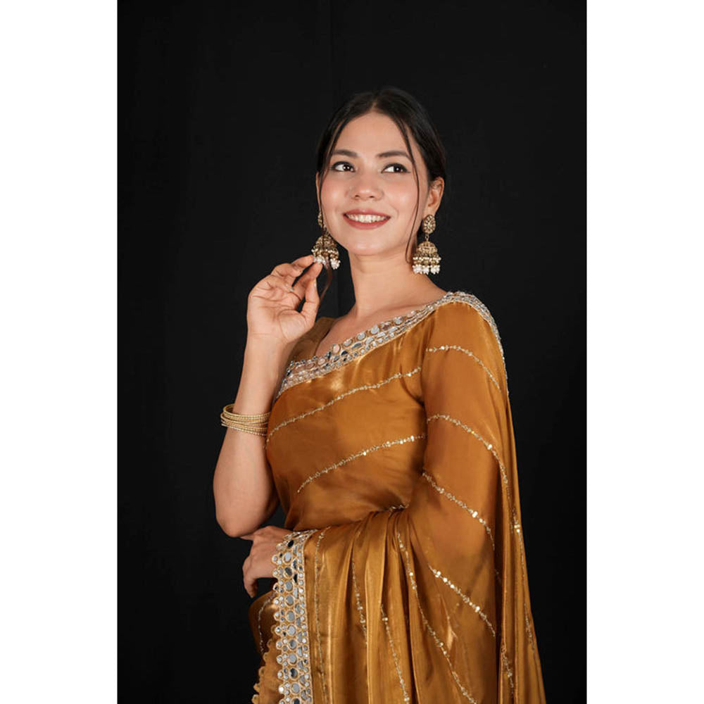 Isadora Life Womens Sequined Mirror Work Brown Pre-Draped Saree With Unstitched Blouse