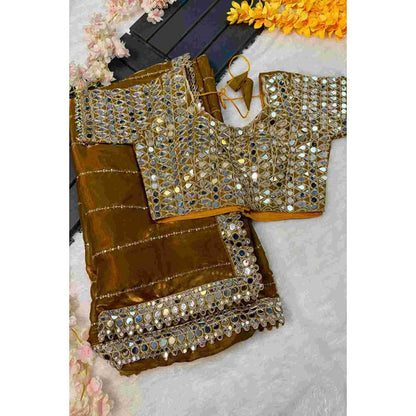 Isadora Life Womens Sequined Mirror Work Brown Pre-Draped Saree With Unstitched Blouse