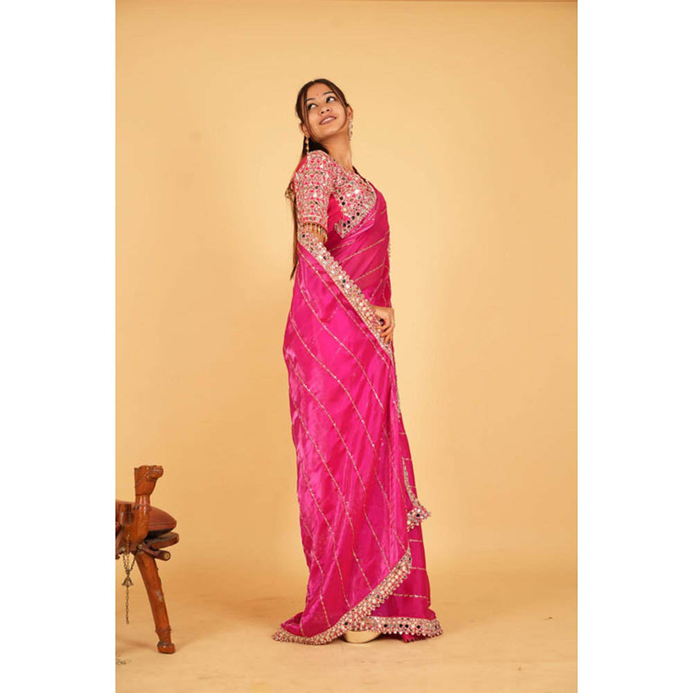 Isadora Life Womens Sequined Mirror Work Pink Pre-Draped Saree With Unstitched Blouse