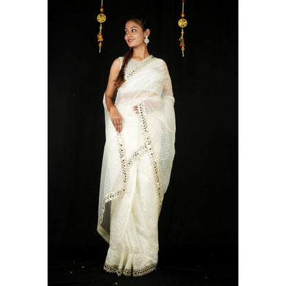 Isadora Life Womens Sequined Mirror Work White Pre-Draped Saree With Unstitched Blouse