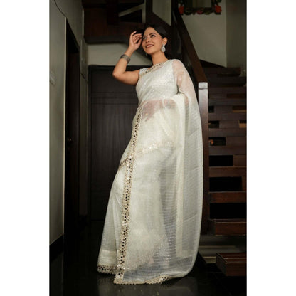 Isadora Life Womens Sequined Mirror Work White Pre-Draped Saree With Unstitched Blouse