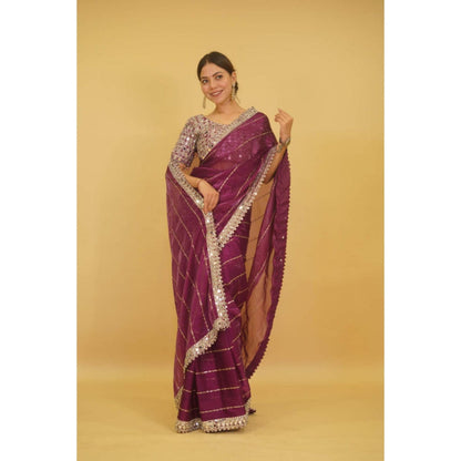 Isadora Life Womens Sequined Mirror Work Purple Pre-Draped Saree With Unstitched Blouse