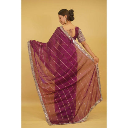 Isadora Life Womens Sequined Mirror Work Purple Pre-Draped Saree With Unstitched Blouse