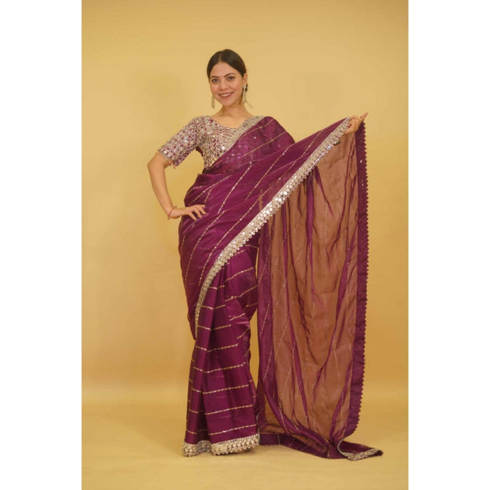 Isadora Life Womens Sequined Mirror Work Purple Pre-Draped Saree With Unstitched Blouse