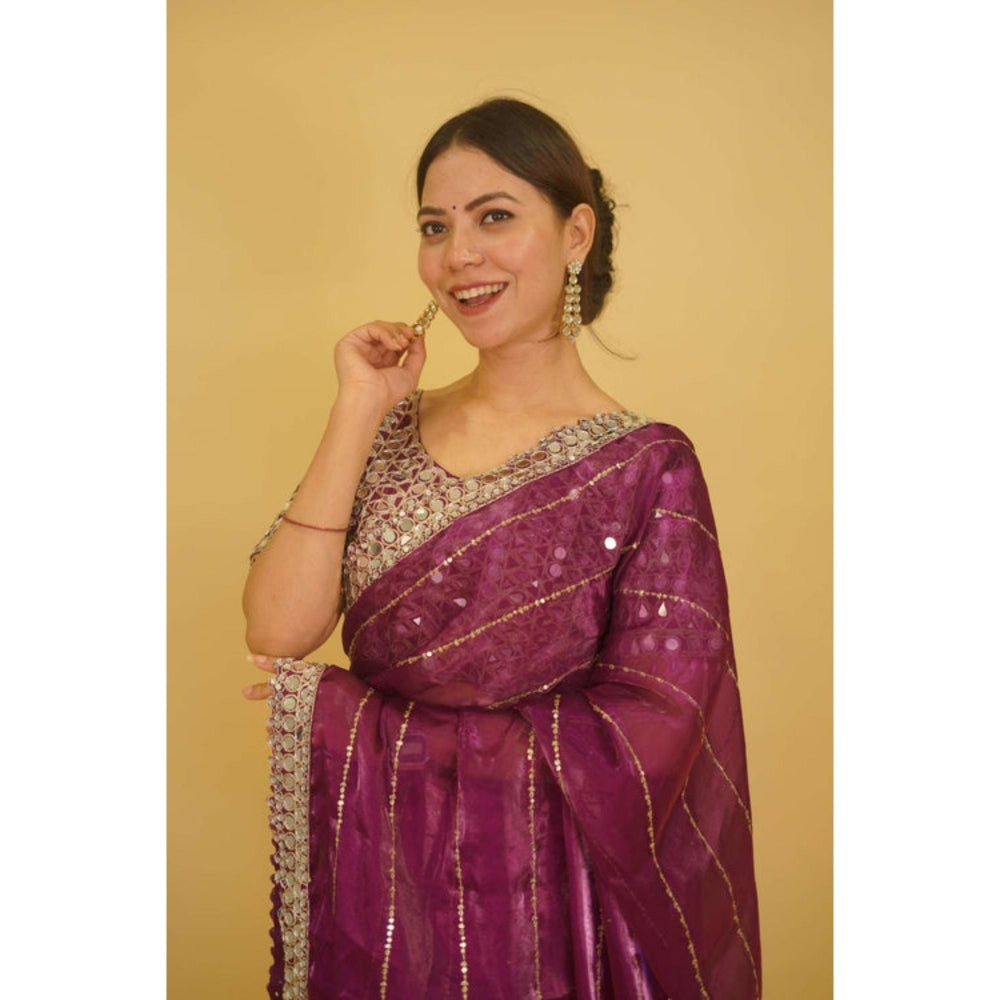 Isadora Life Womens Sequined Mirror Work Purple Pre-Draped Saree With Unstitched Blouse
