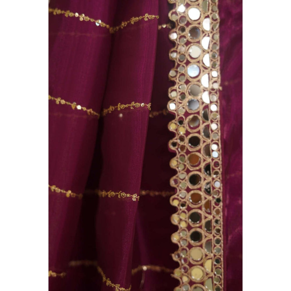 Isadora Life Womens Sequined Mirror Work Purple Pre-Draped Saree With Unstitched Blouse