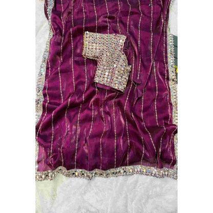 Isadora Life Womens Sequined Mirror Work Purple Pre-Draped Saree With Unstitched Blouse