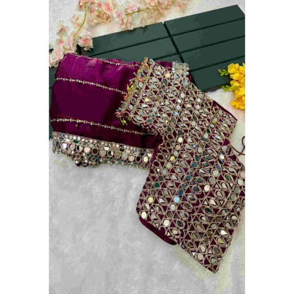 Isadora Life Womens Sequined Mirror Work Purple Pre-Draped Saree With Unstitched Blouse