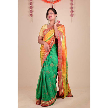 Isadora Life Womens Printed Gota Multi-Color Pre-Draped Saree With Unstitched Blouse