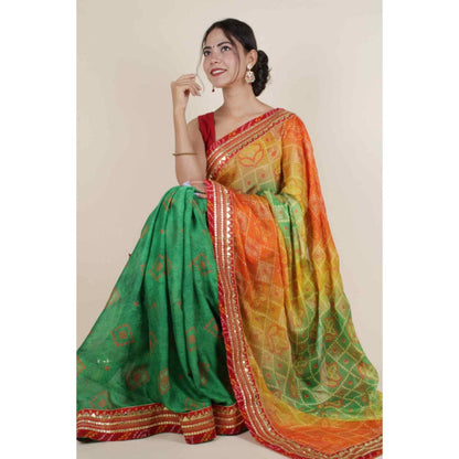 Isadora Life Womens Printed Gota Multi-Color Pre-Draped Saree With Unstitched Blouse