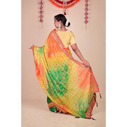 Isadora Life Womens Printed Gota Multi-Color Pre-Draped Saree With Unstitched Blouse