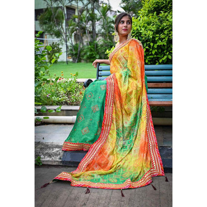 Isadora Life Womens Printed Gota Multi-Color Pre-Draped Saree With Unstitched Blouse