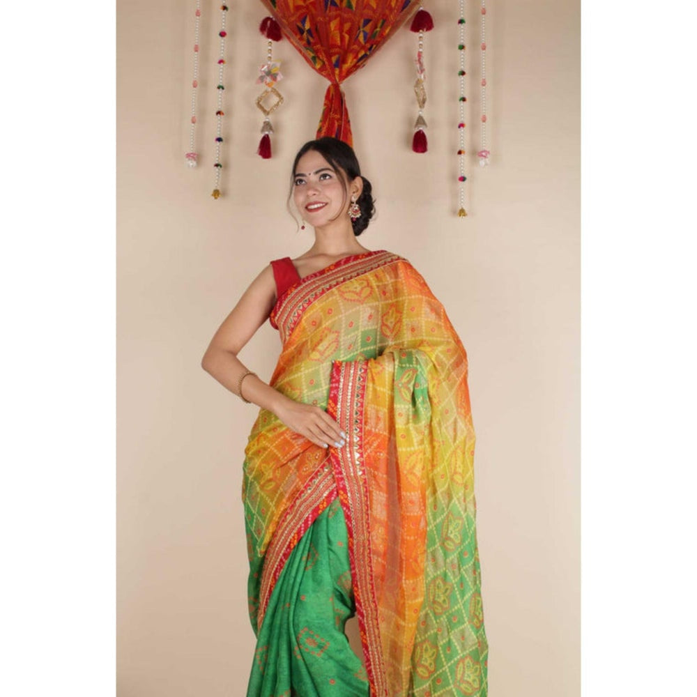 Isadora Life Womens Printed Gota Multi-Color Pre-Draped Saree With Unstitched Blouse