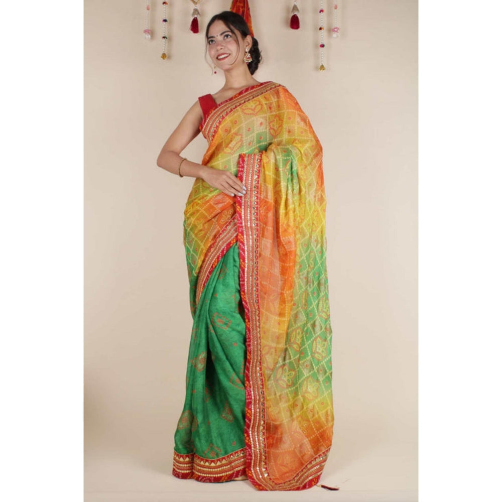 Isadora Life Womens Printed Gota Multi-Color Pre-Draped Saree With Unstitched Blouse