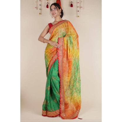 Isadora Life Womens Printed Gota Multi-Color Pre-Draped Saree With Unstitched Blouse