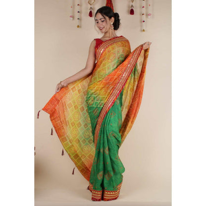 Isadora Life Womens Printed Gota Multi-Color Pre-Draped Saree With Unstitched Blouse