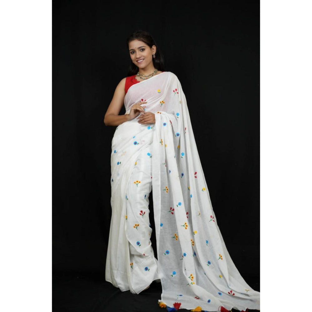 Isadora Life Womens Embroidered Tassels White Pre-Draped Saree With Unstitched Blouse