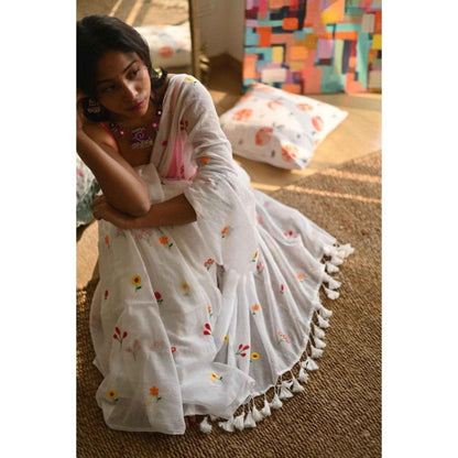 Isadora Life Womens Embroidered Tassels White Pre-Draped Saree With Unstitched Blouse