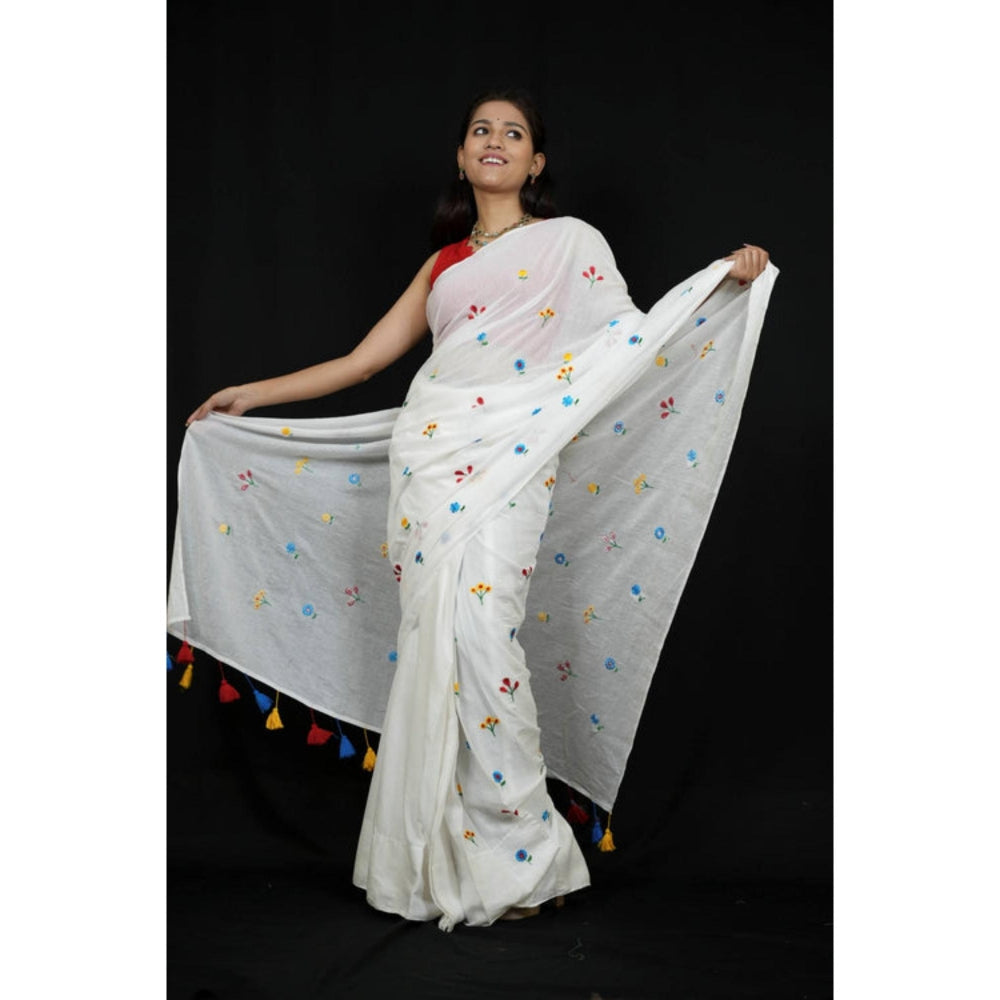 Isadora Life Womens Embroidered Tassels White Pre-Draped Saree With Unstitched Blouse