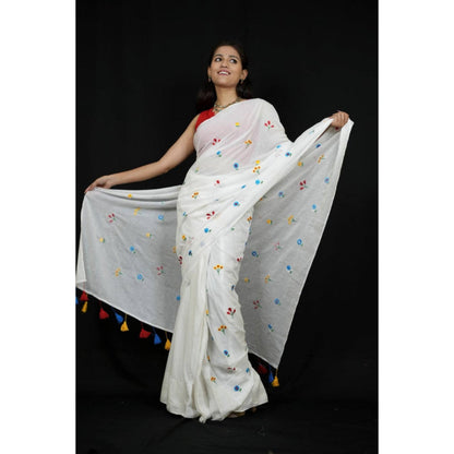 Isadora Life Womens Embroidered Tassels White Pre-Draped Saree With Unstitched Blouse