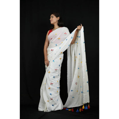 Isadora Life Womens Embroidered Tassels White Pre-Draped Saree With Unstitched Blouse