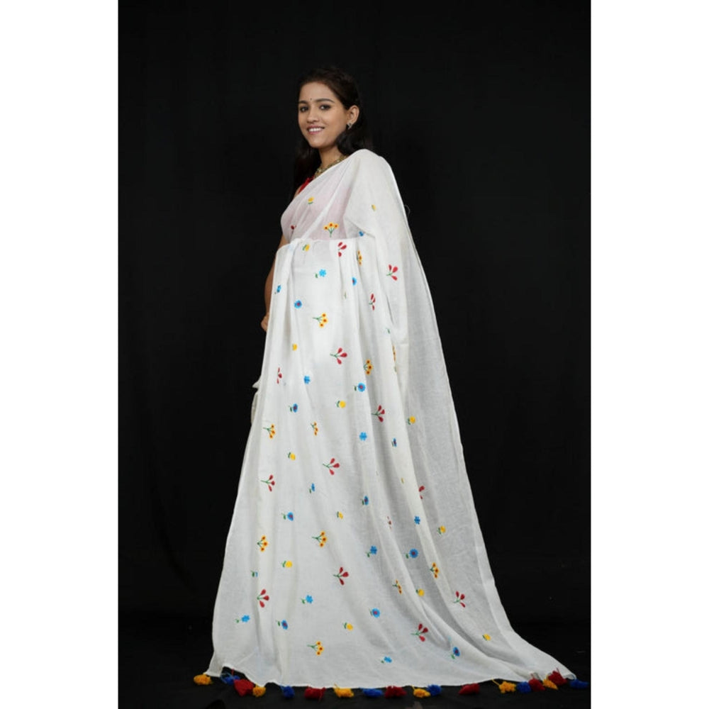 Isadora Life Womens Embroidered Tassels White Pre-Draped Saree With Unstitched Blouse
