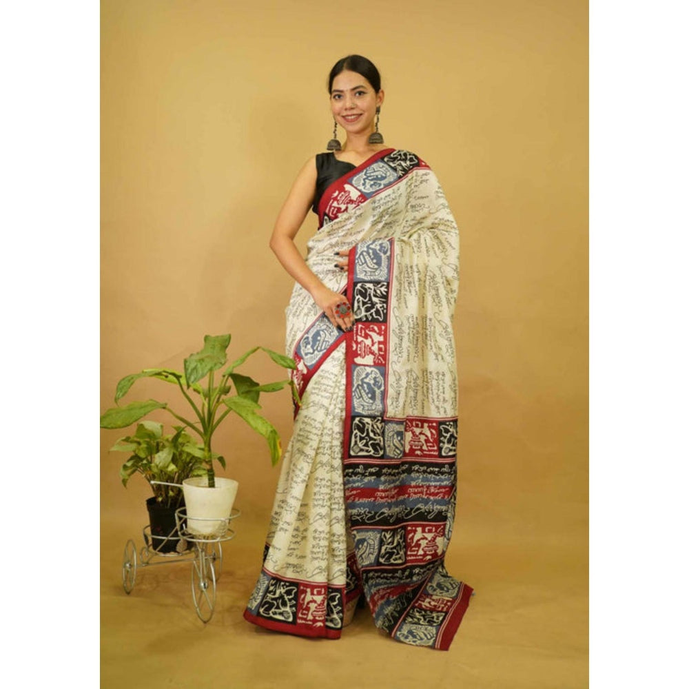 Isadora Life Womens Typography Printed Cream Pre-Draped Saree With Unstitched Blouse