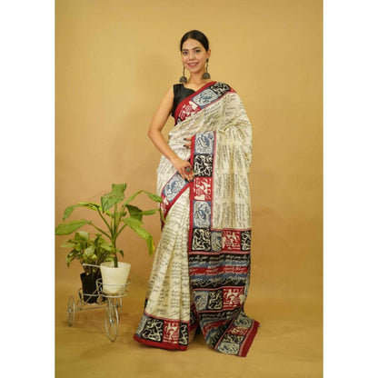 Isadora Life Womens Typography Printed Cream Pre-Draped Saree With Unstitched Blouse