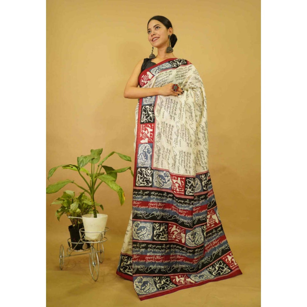 Isadora Life Womens Typography Printed Cream Pre-Draped Saree With Unstitched Blouse