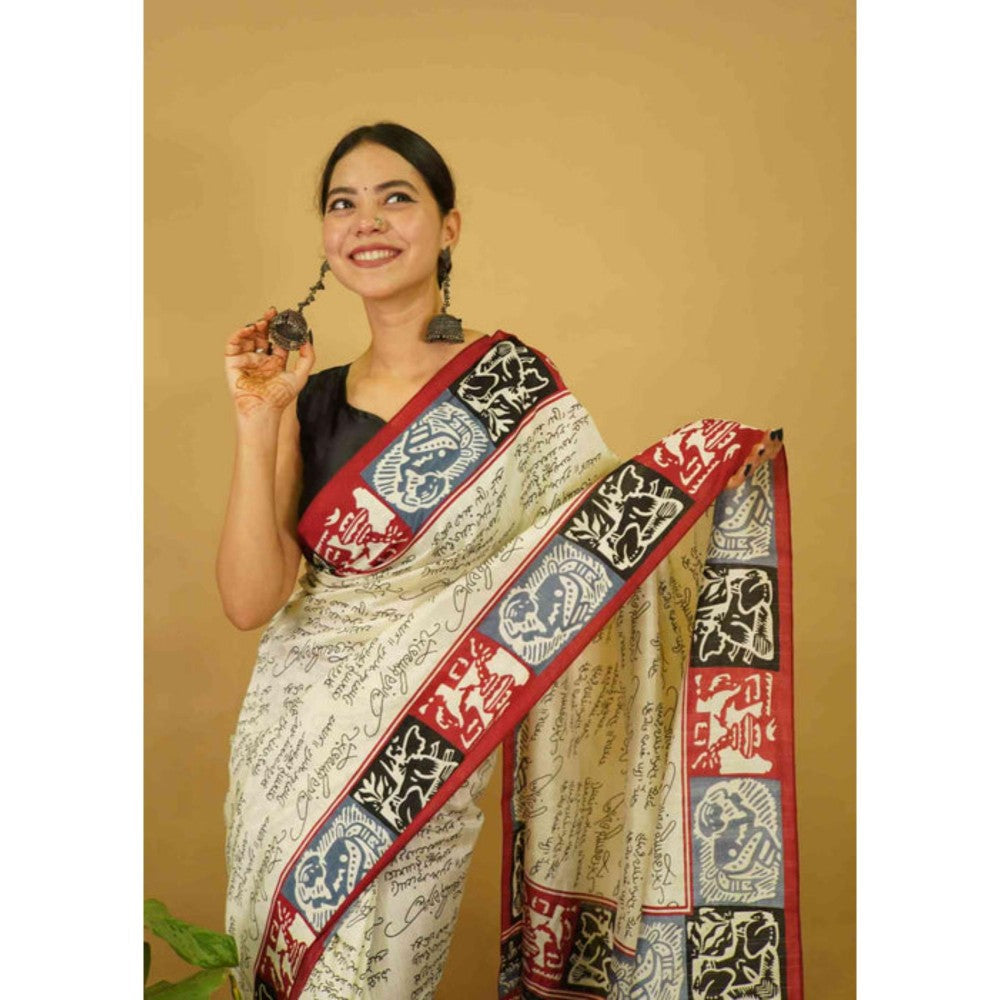 Isadora Life Womens Typography Printed Cream Pre-Draped Saree With Unstitched Blouse