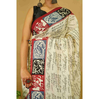 Isadora Life Womens Typography Printed Cream Pre-Draped Saree With Unstitched Blouse