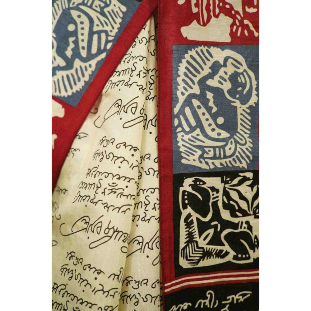 Isadora Life Womens Typography Printed Cream Pre-Draped Saree With Unstitched Blouse