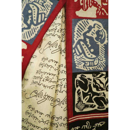 Isadora Life Womens Typography Printed Cream Pre-Draped Saree With Unstitched Blouse