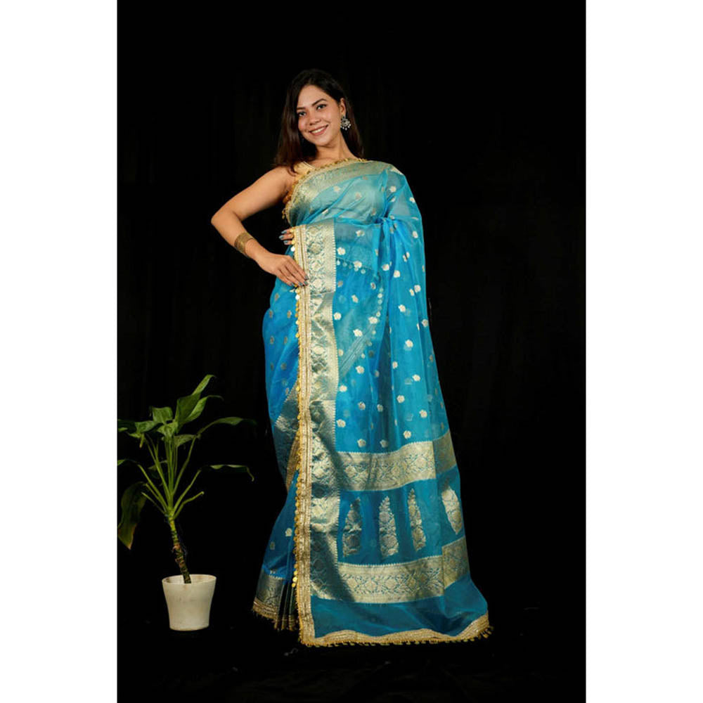 Isadora Life Womens Woven Sequined Blue Pre-Draped Saree With Unstitched Blouse