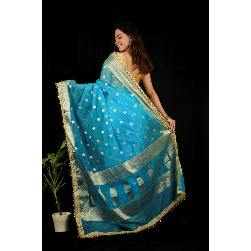 Isadora Life Womens Woven Sequined Blue Pre-Draped Saree With Unstitched Blouse