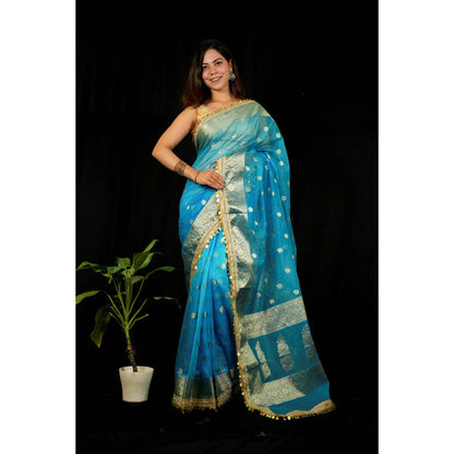 Isadora Life Womens Woven Sequined Blue Pre-Draped Saree With Unstitched Blouse