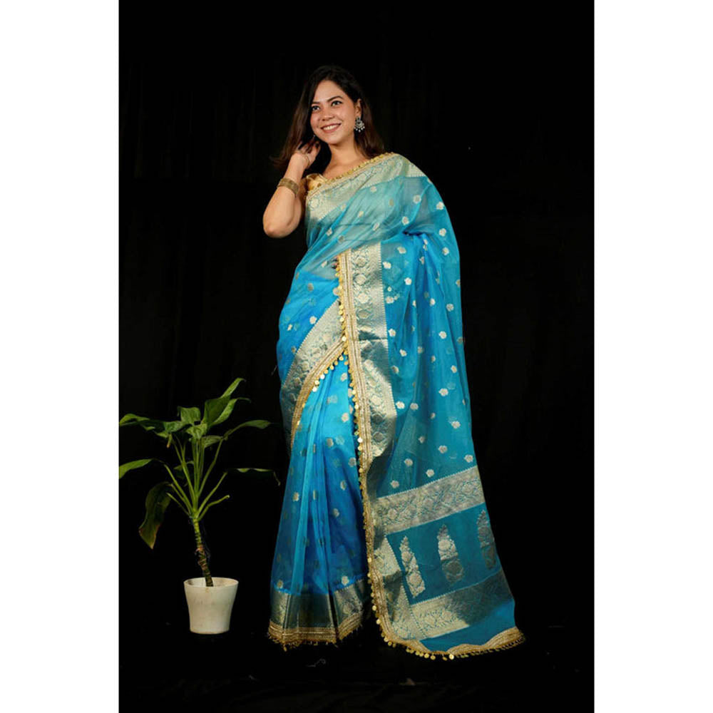 Isadora Life Womens Woven Sequined Blue Pre-Draped Saree With Unstitched Blouse