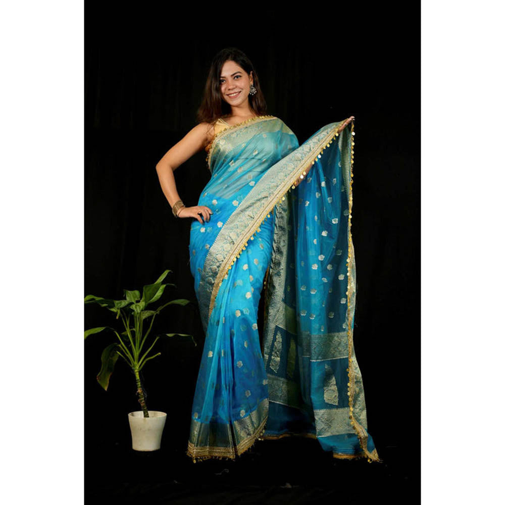 Isadora Life Womens Woven Sequined Blue Pre-Draped Saree With Unstitched Blouse