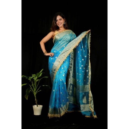 Isadora Life Womens Woven Sequined Blue Pre-Draped Saree With Unstitched Blouse